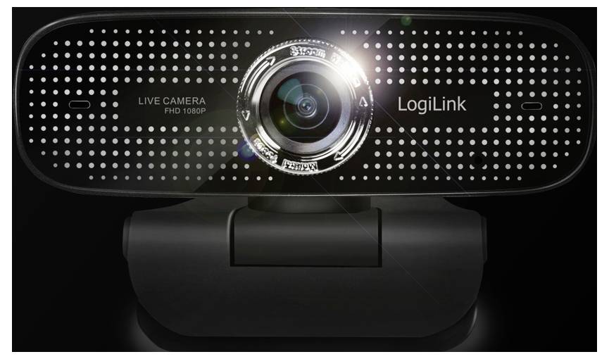 Een zwarte webcam met een groothoeklens is gelabeld 'LIVE CAMERA FHD 1080P' en 'LogiLink'. Hij heeft een gestippeld patroon rond de lens.