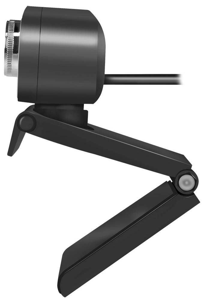 Een zijaanzicht van een zwarte computer-webcam met een verstelbare standaard. De cameralens is naar voren gericht en de kabel is zichtbaar aan de achterkant.