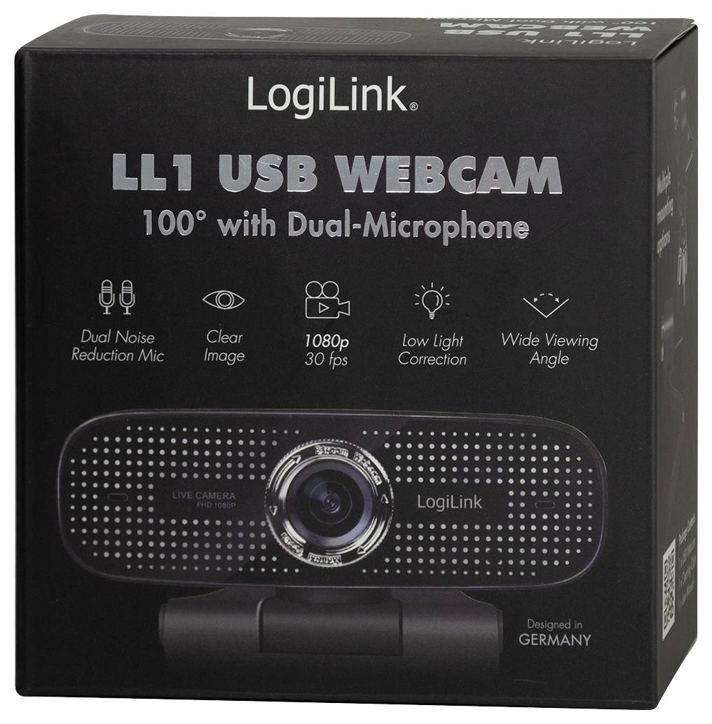 De afbeelding toont een LogiLink LL1 USB Webcam doos met 100° gezichtsveld, Dual-Microfoon, 1080p resolutie bij 30 fps, en een breed gezichtsveld.