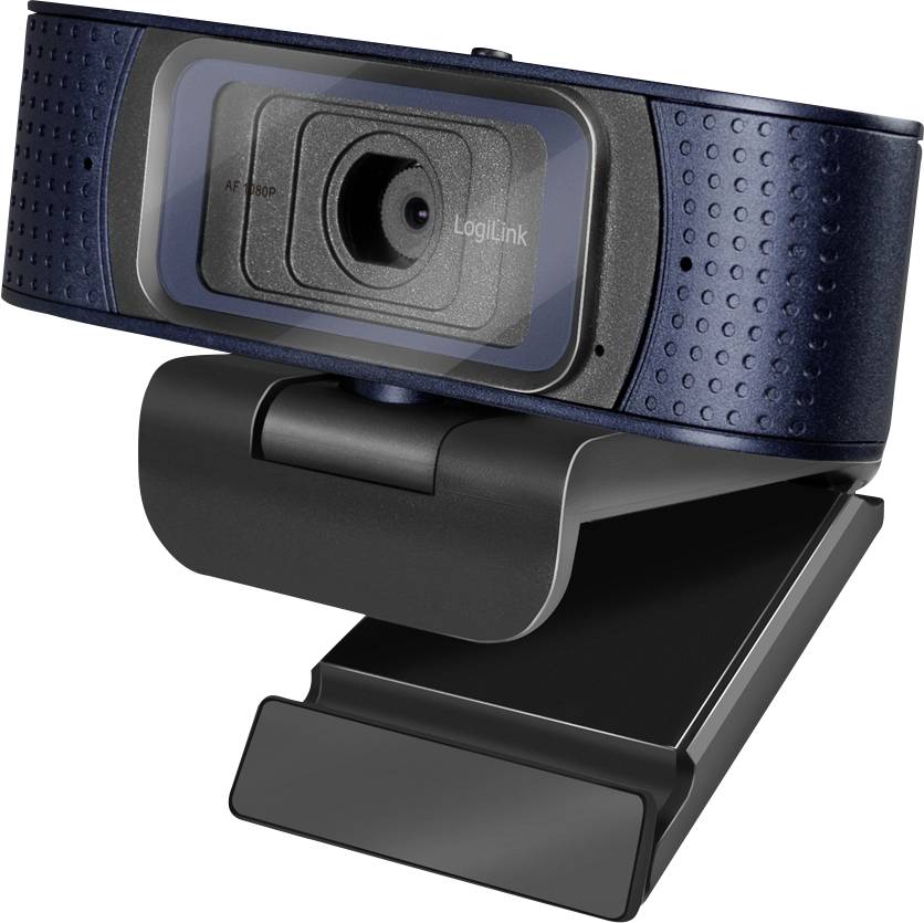 Een zwarte en blauwe computer-webcam met een opvouwbare voet, geschikt voor bevestiging aan een monitor of plaatsing op een bureau.