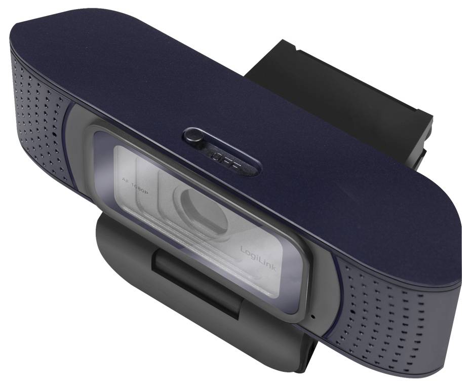 Een zwarte webcam met een groothoeklens, gemonteerd op een klem, ontworpen voor videoconferenties en streaming.