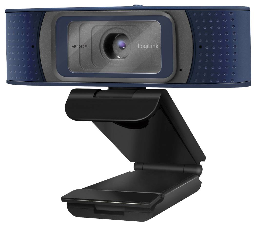 Een zwarte en blauwe webcam met een flexibele standaard heeft een lens gelabeld 'AF 1080P' en het merk 'LogiLink', geschikt voor videogesprekken.