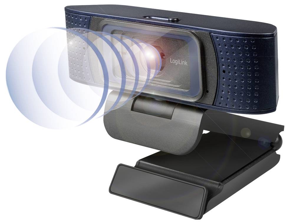 Een webcam met een microfoon, uitgerust met digitale effecten die geluidsgolven suggereren, gemonteerd op een verstelbare standaard voor computers.