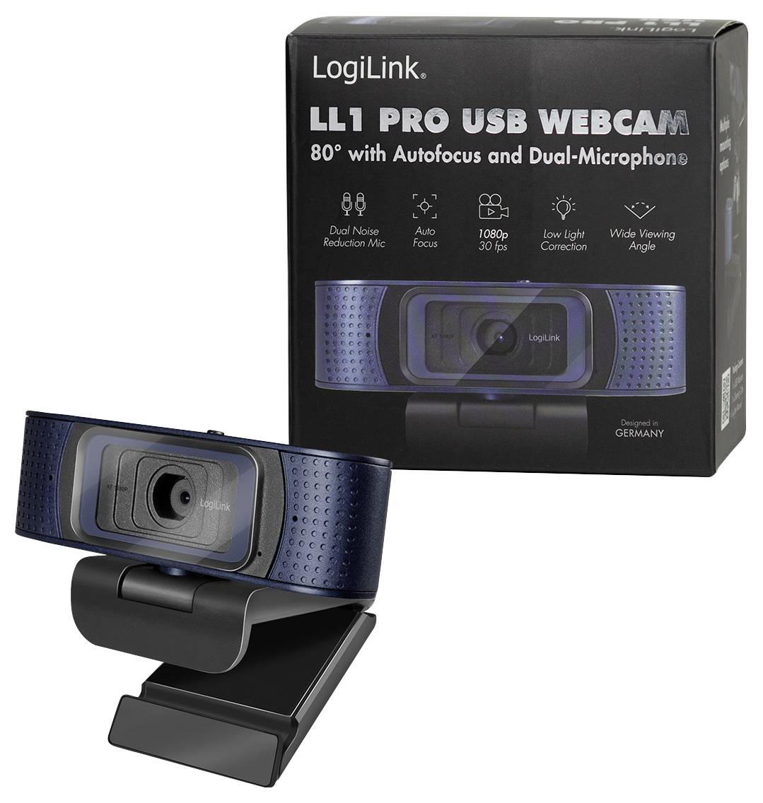 Een LogiLink LL1 Pro USB-webcam wordt getoond met zijn verpakking. Gemarkeerde functies: autofocus, dubbele microfoons, ruisonderdrukking, 1080p HD, correctie bij weinig licht.