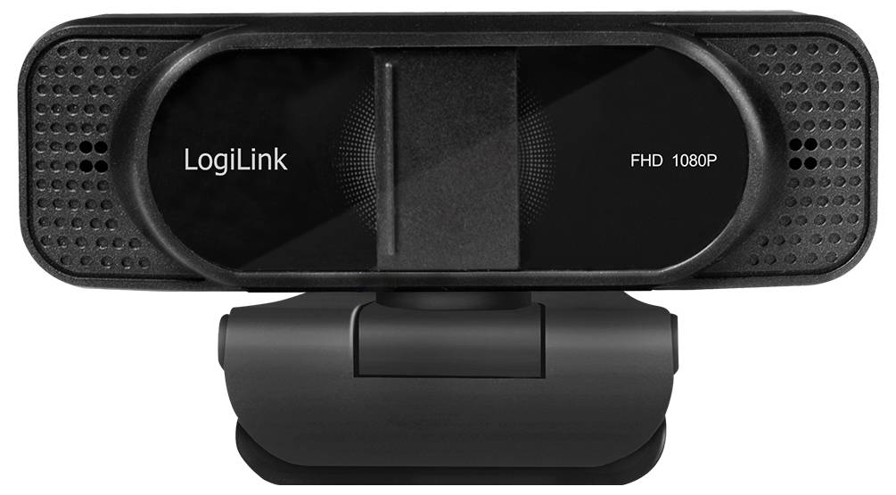 Een zwarte LogiLink FHD 1080P webcam met een rechthoekig ontwerp en een zichtbare bevestiging eronder, bedoeld voor videoconferenties of streaming.
