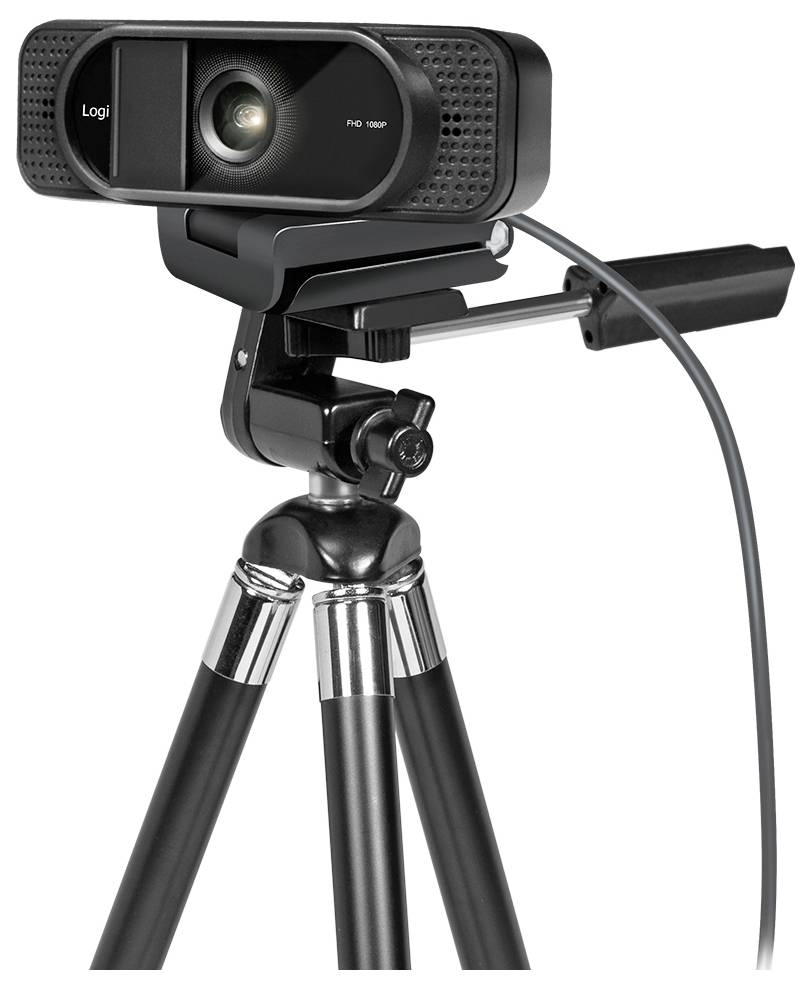 Een zwarte webcam gemonteerd op een statief, uitgerust met een verstelbare kop en aangesloten kabel, ontworpen voor videoregistratie of online communicatie.