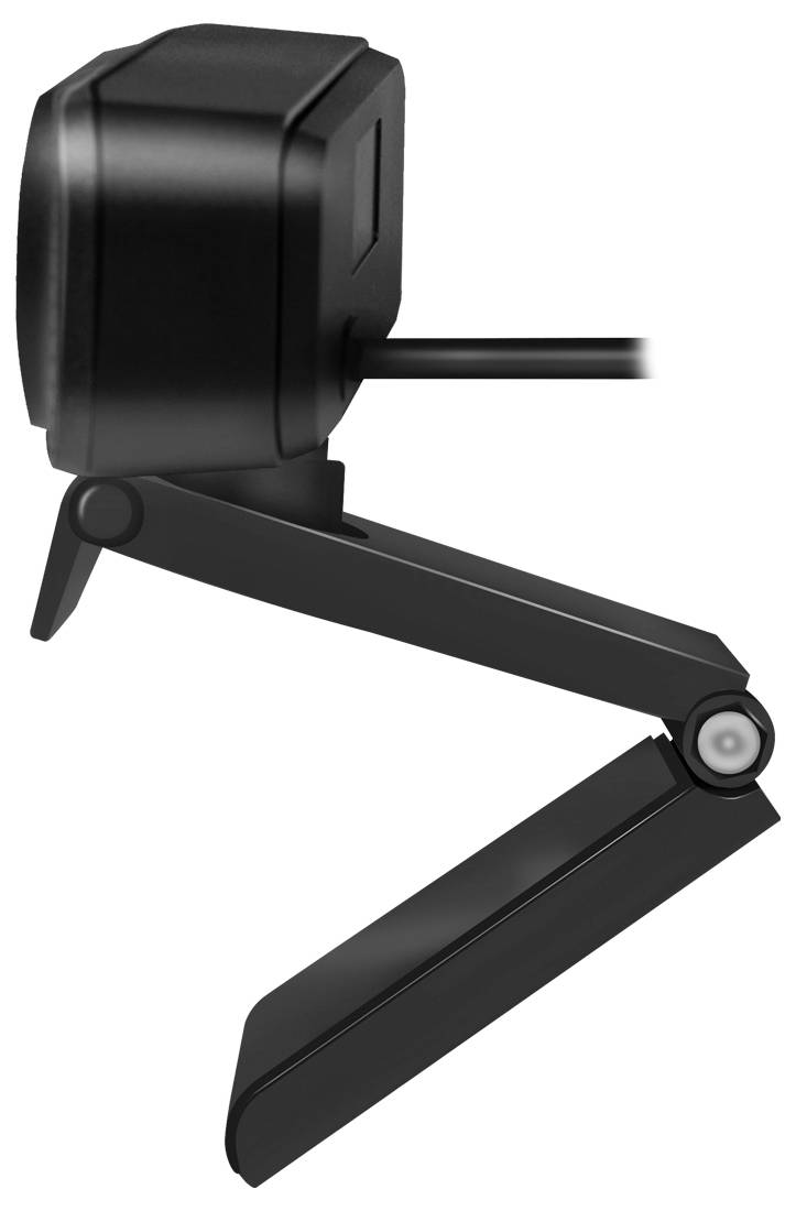 Een zwarte webcam met een gestroomlijnd ontwerp wordt van opzij getoond, gemonteerd op een hoekig, verstelbaar standaard.