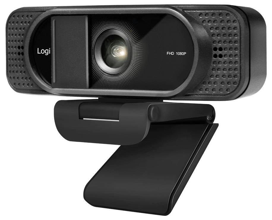 Een zwarte webcam met een klembevestiging, gelabeld als 'FHD 1080P', ontworpen voor videogesprekken en online communicatie.
