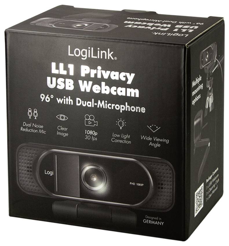 Een zwarte doos toont 'LogiLink LL1 Privacy USB-webcam, 96° met dubbele microfoon, 1080p 30 fps, ontworpen in Duitsland' en belangrijkste kenmerken.