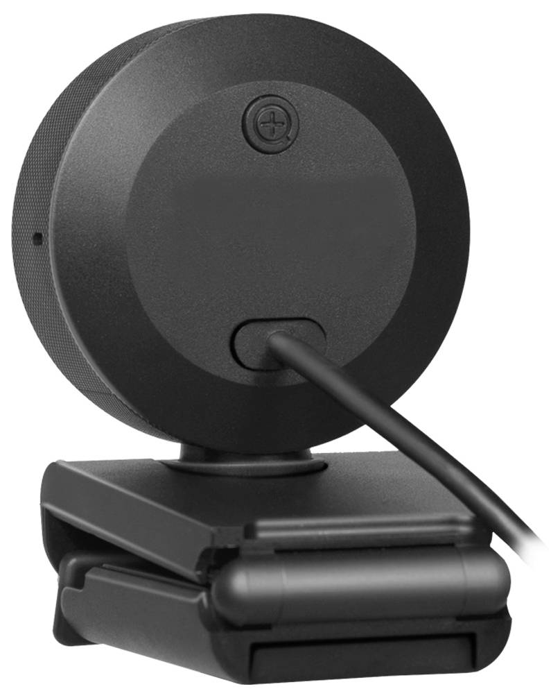 Een zwarte webcam met een cirkelvormig ontwerp, gemonteerd op een verstelbare standaard, met een zichtbare voedingskabel aangesloten aan de achterkant.