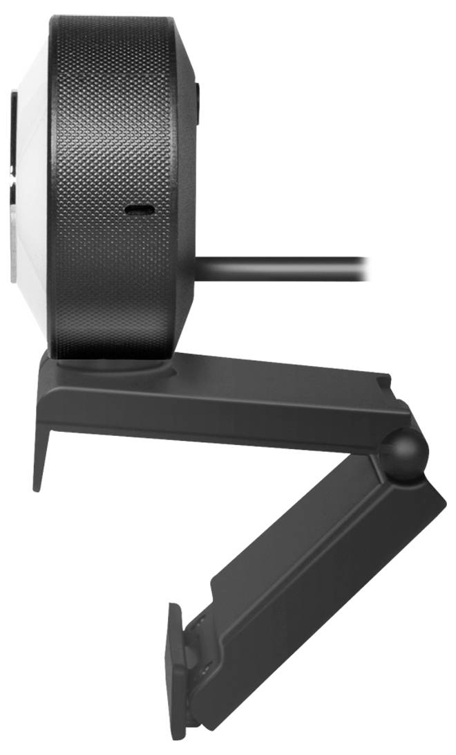 Zijaanzicht van een zwarte webcam met een flexibele bevestigingsarm, met het cameralens en de USB-kabel die uit de achterkant steekt.