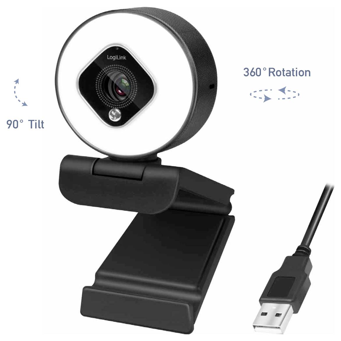 Een webcam met een rond objectief, 90° kantelhoek en 360° rotatiemogelijkheden, gemonteerd op een standaard met een USB-kabel voor aansluiting.