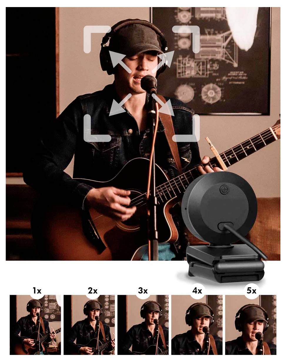 Een persoon die gitaar speelt en zingt in een microfoon, met een koptelefoon op. Pictogrammen geven verschillende zoomniveaus van een webcam aan die eronder worden weergegeven.