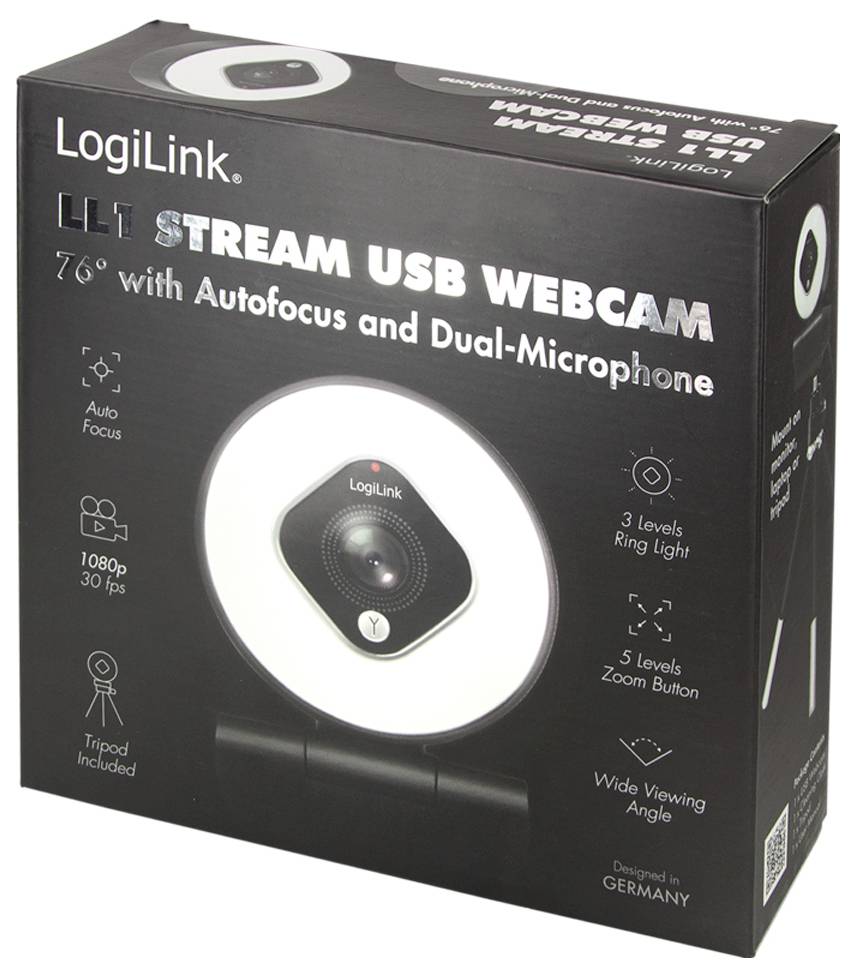 'LogiLink Stream USB-webcam' doos met kenmerken zoals autofocus, dubbele microfoon, 1080p 30 fps, ringlamp en statief inbegrepen. Ontworpen in Duitsland.