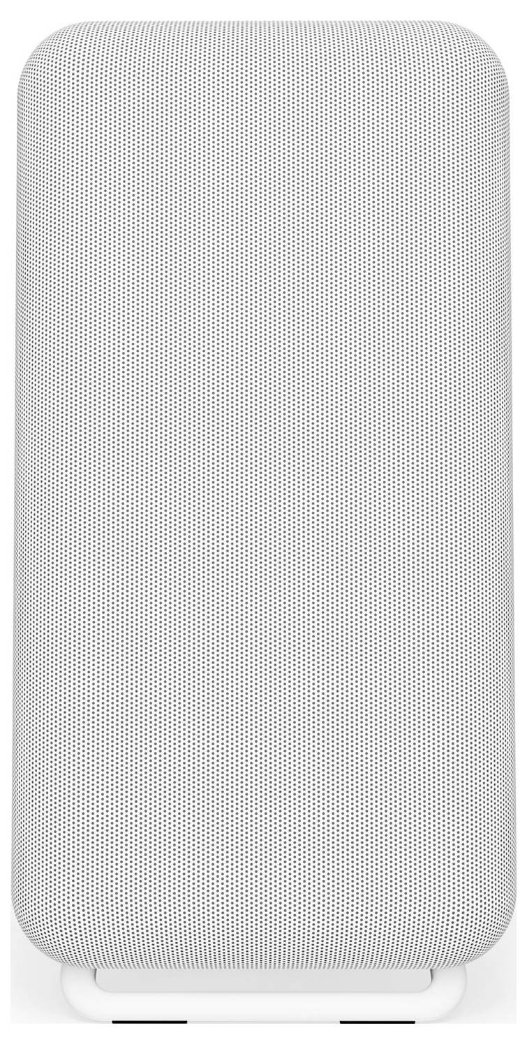 Een witte, met stof bedekte rechthoekige slimme speaker met afgeronde randen, ontworpen voor thuisaudio en spraakassistent-mogelijkheden.