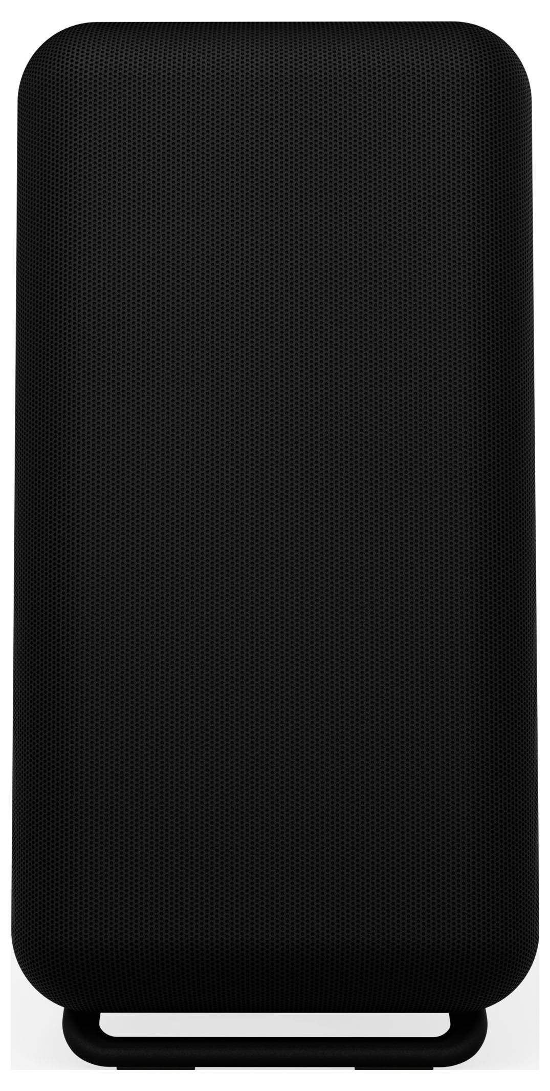 Zwarte, rechthoekige luidspreker met een geperforeerde voorkant, voorzien van een handvat aan de onderkant.