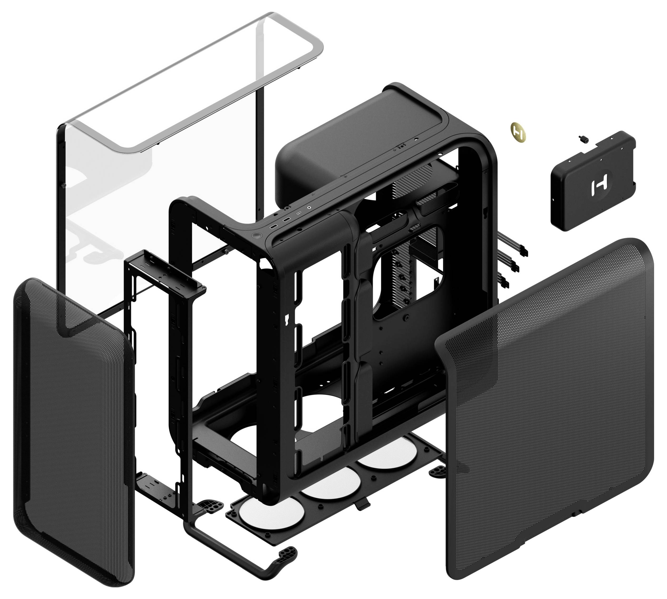 Ontplofte weergave van een computerbehuizing met zijn uit elkaar genomen onderdelen, inclusief panelen, frame en schroeven, die de assemblagerecomponenten illustreren.