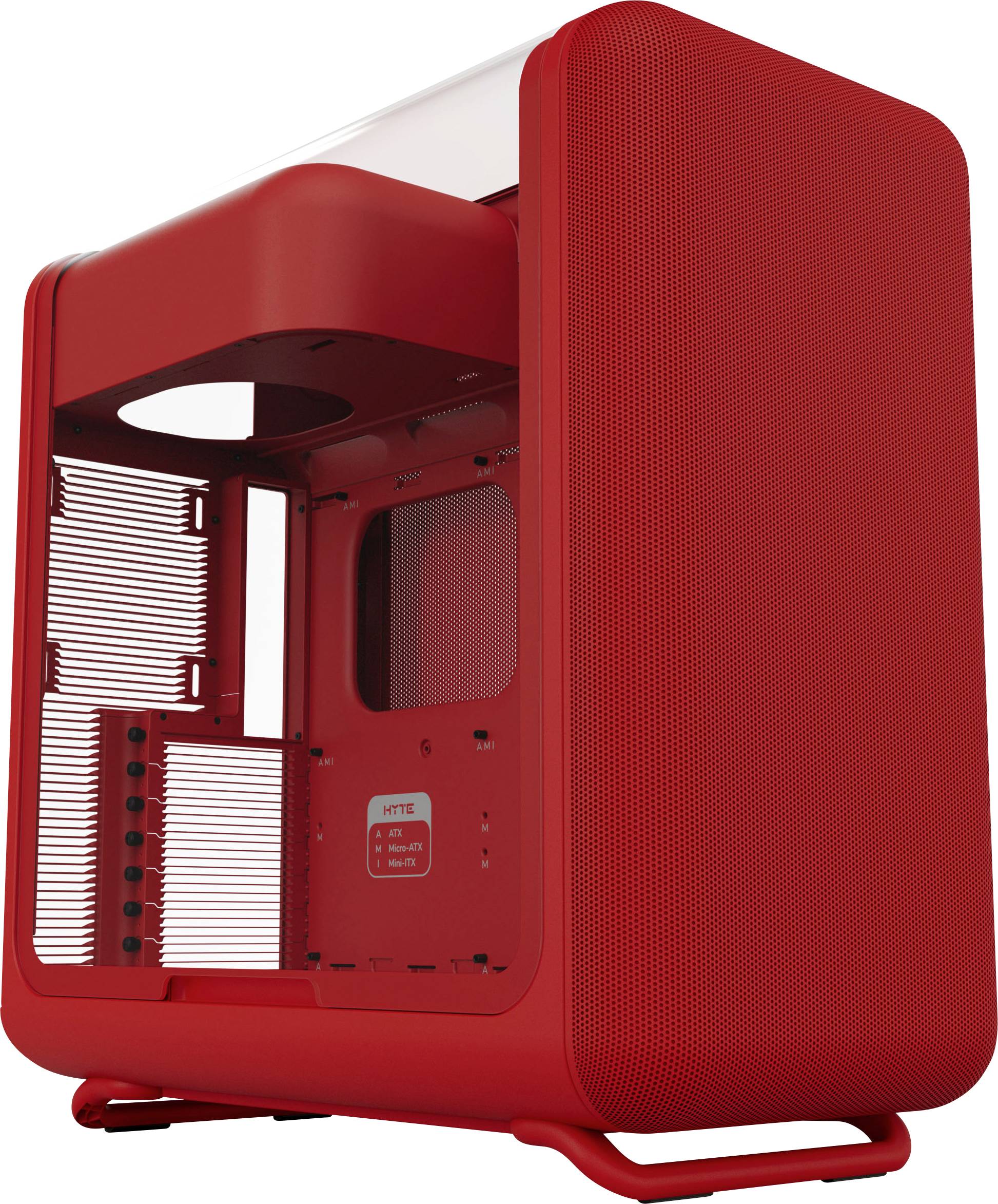 Een rode computerbehuizing met een grote zijopening voor componenten. Matte afwerking en een strak ontwerp geschikt voor PC-assemblage.