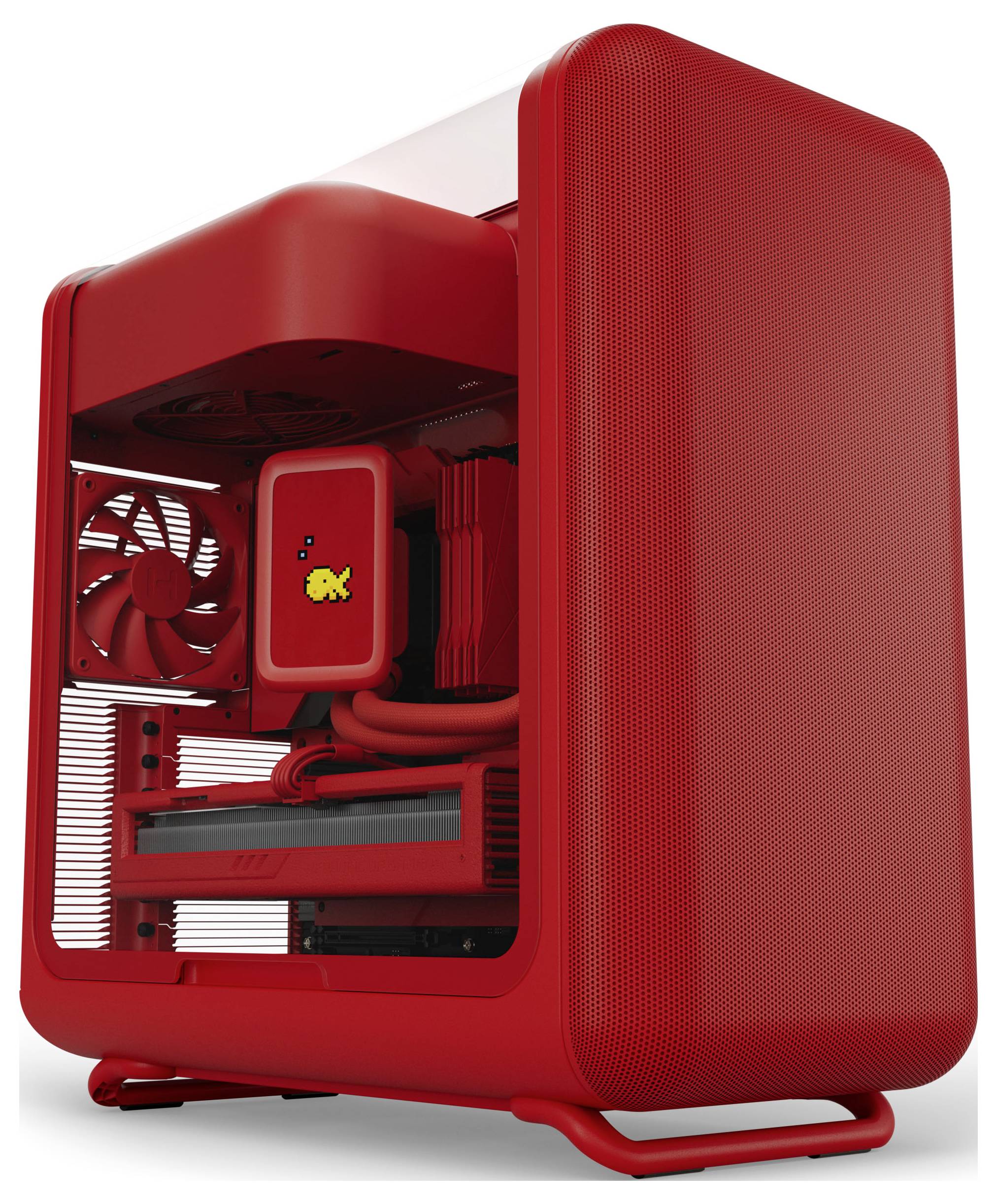 Een rode gaming computer-toren met een mesh voorpaneel en zichtbare interne componenten, waaronder een ventilator en een CPU-koeler.