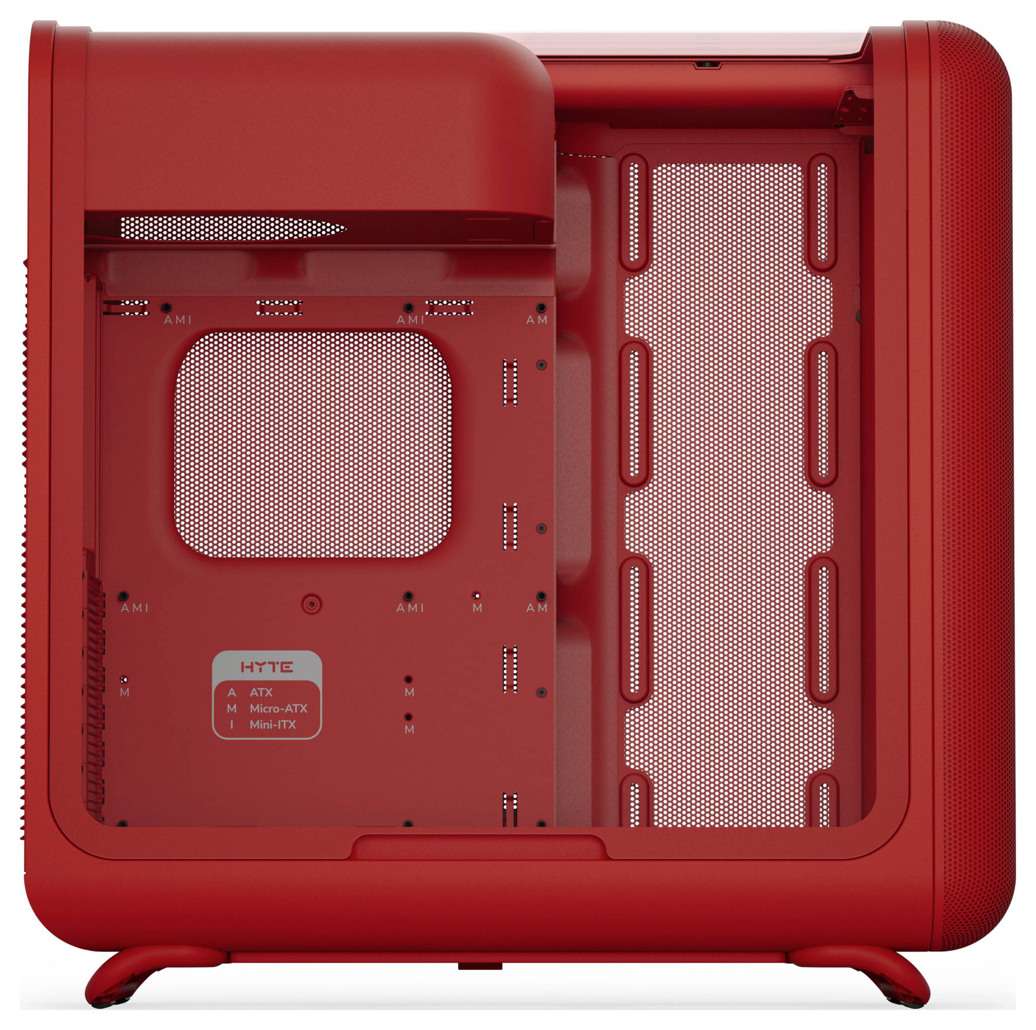 Een rode, open-zijdige computerbehuizing die montage-opties toont voor ATX-, Micro-ATX- en Mini-ITX-moederborden, waarbij de binnenruimte wordt geaccentueerd.