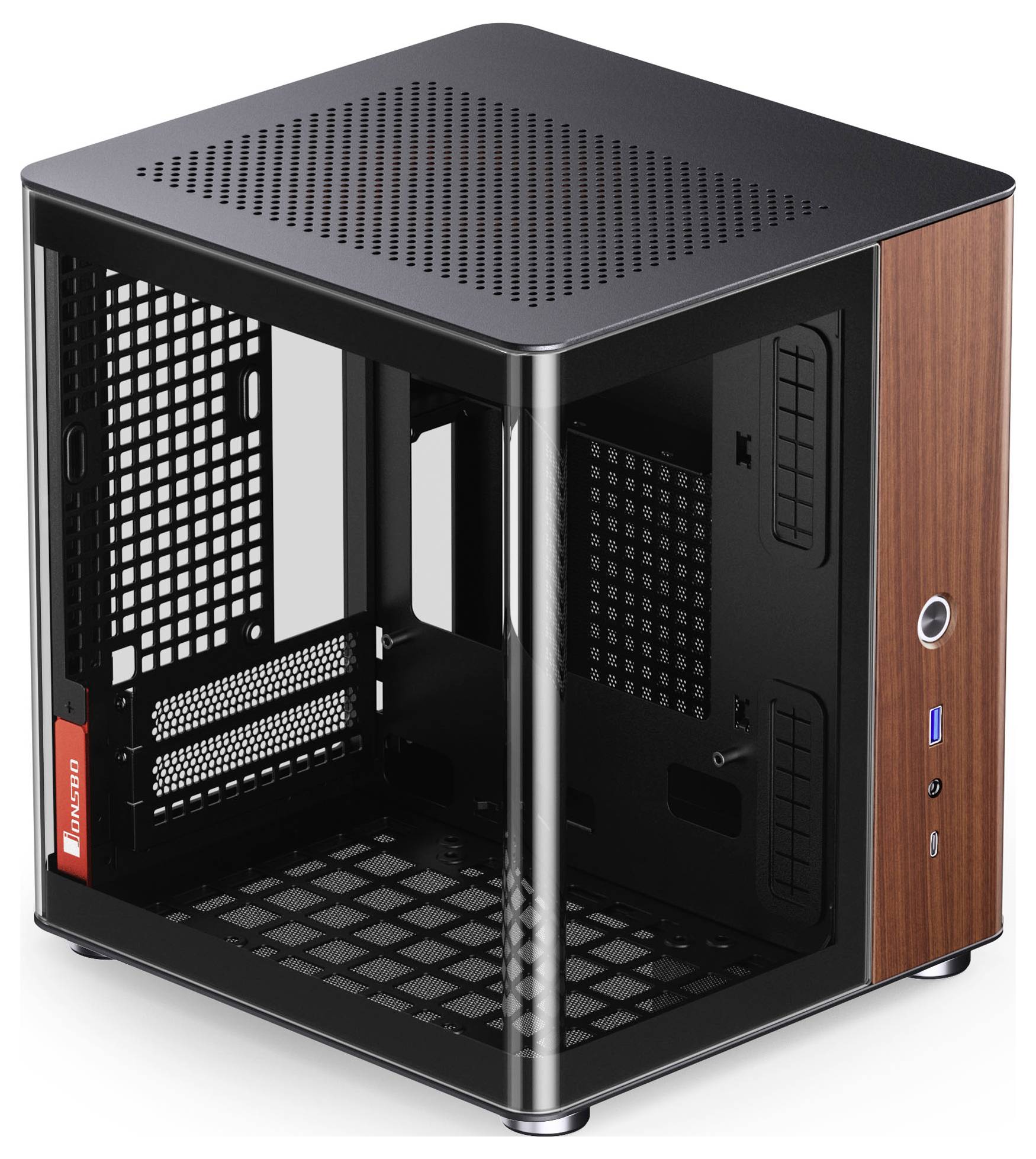 Een compacte computerkast met een kubisch ontwerp, voorzien van een afwerking van zwart metaal en houten panelen. Hij beschikt over aansluitingen en een open frame voor componenten.