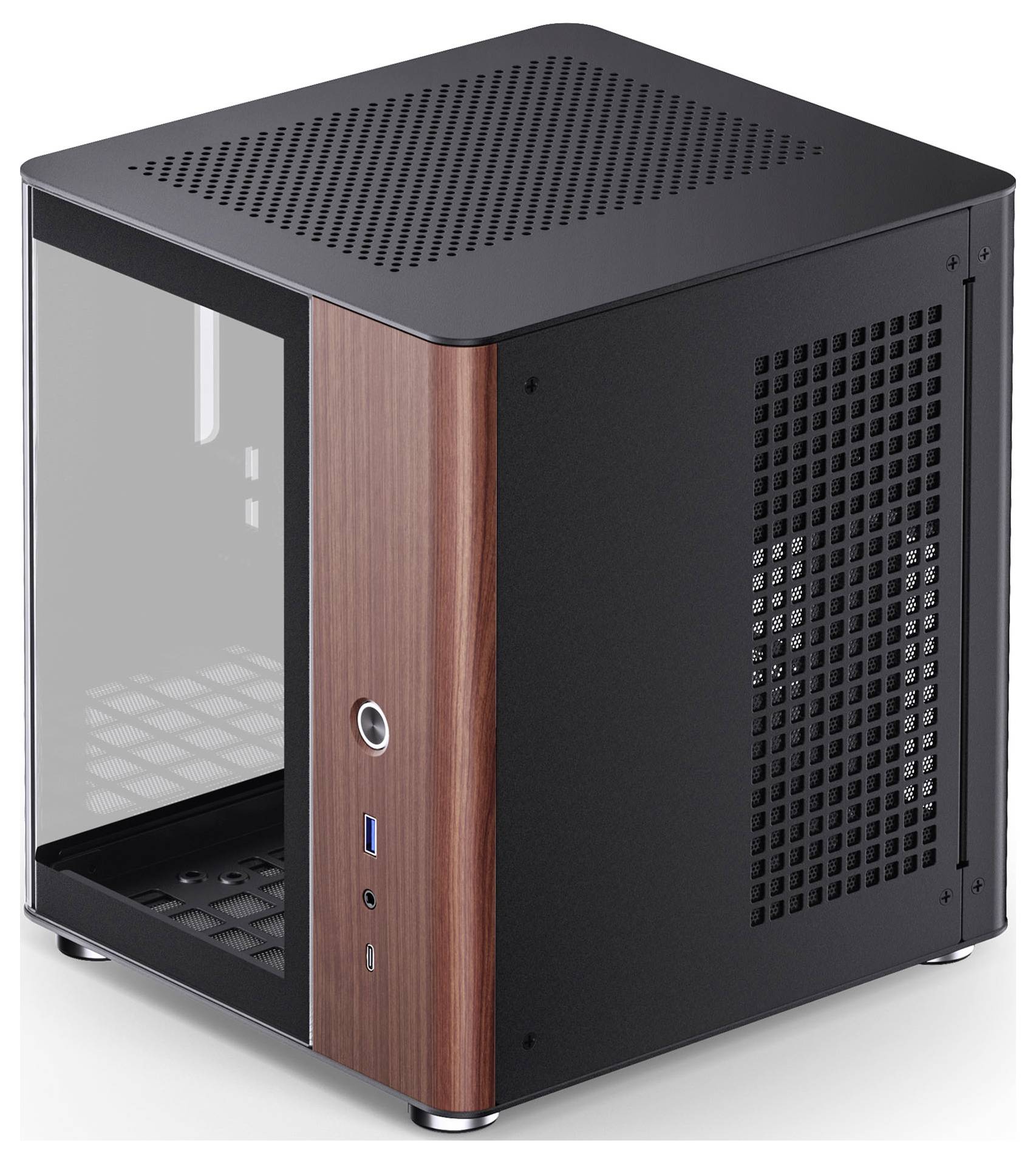 Een kleine, kubusachtige computerbehuizing met een transparant zijpaneel, houtaccenten aan de voorkant, een aan/uit-knop, USB-poort en ventilatiesleuven.