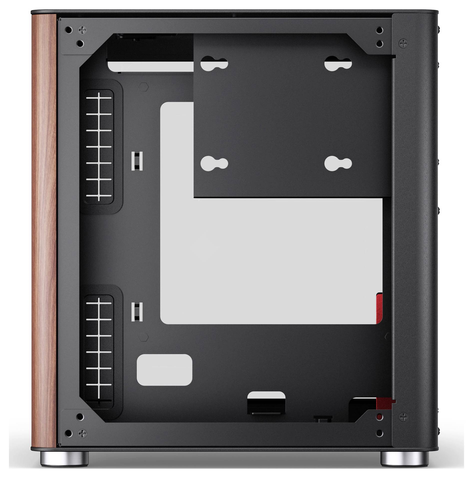 Een desktopcomputer behuizing binnenkant met lege montageplaatsen en een strak design met houten accenten aan één zijde.
