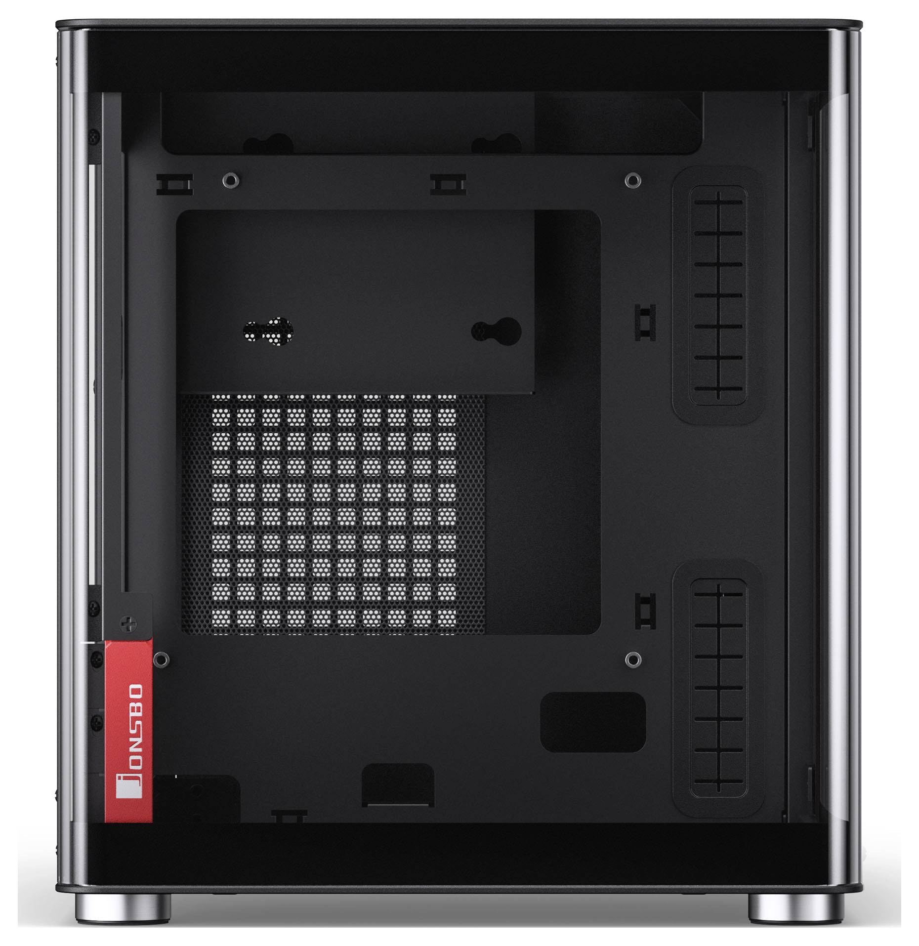 Een computerbehuizing met een transparant zijpaneel, dat een helder zicht op de binnenkant toestaat, en verschillende configuraties en componenten ondersteunt.