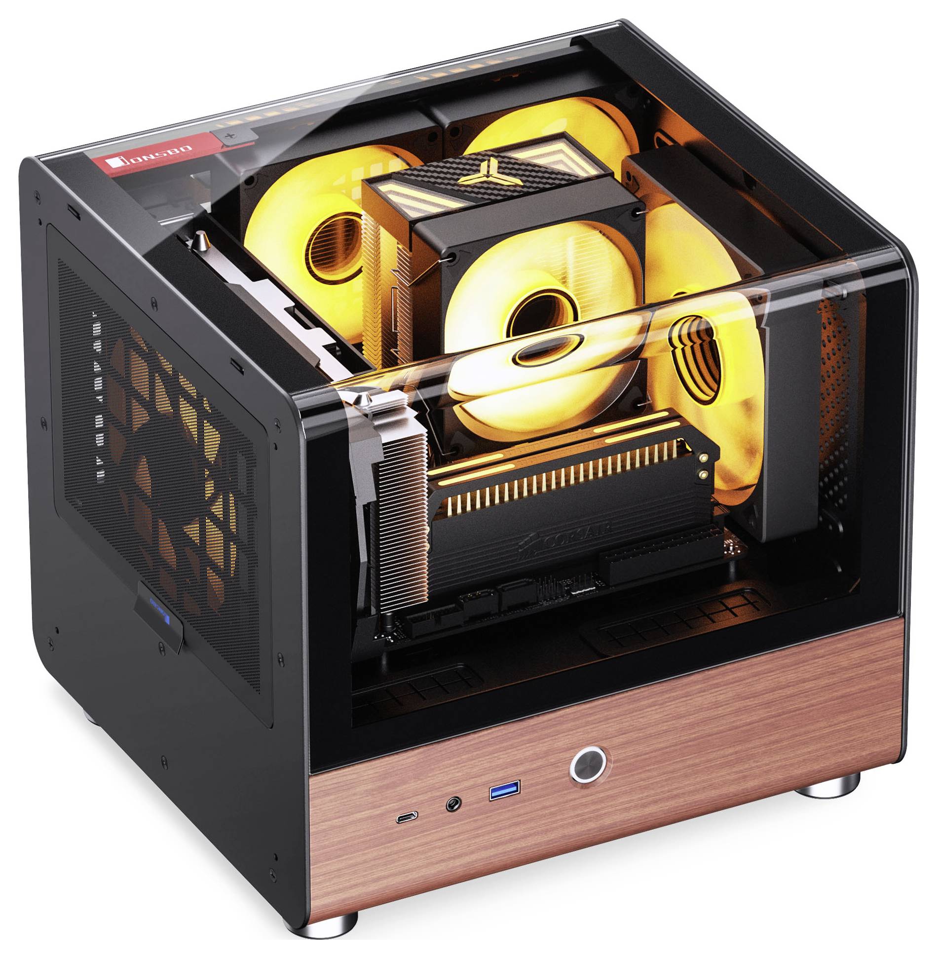 Een compacte, transparante computerbehuizing met glazen zijkanten waarbij de componenten zichtbaar zijn, inclusief verlichte ventilatoren en een houten frontpaneel.