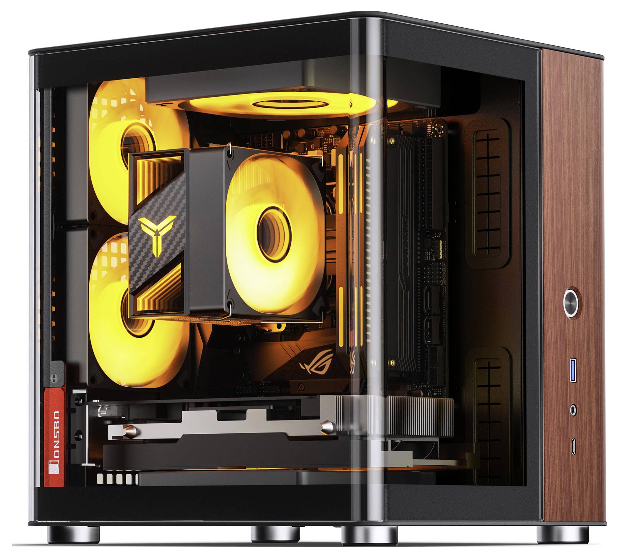 Een gaming-pc met een transparant zijpaneel toont oranje verlichte fans en componenten, waaronder een videokaart en moederbord, met de nadruk op prestaties.