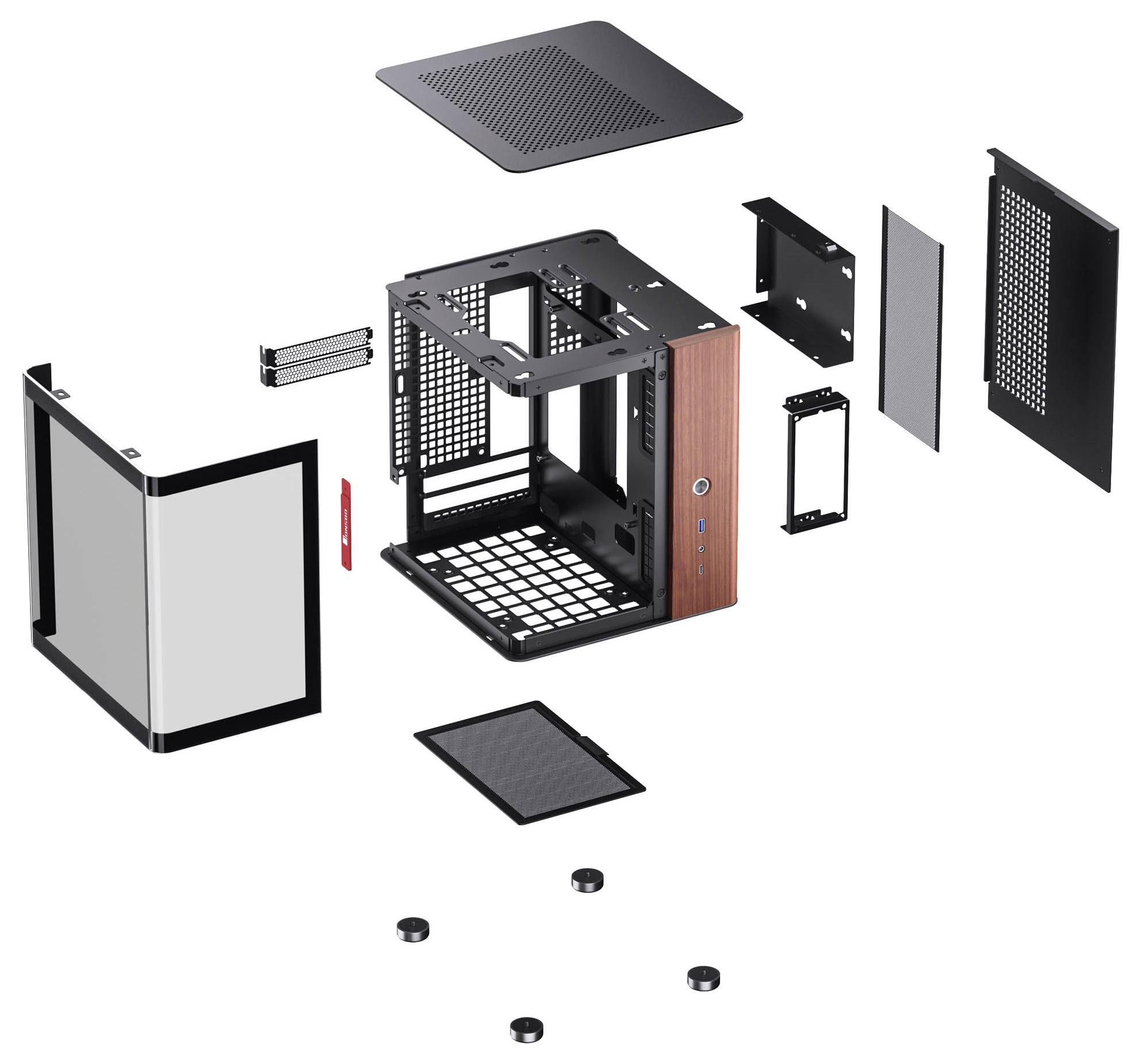 Ontplofte weergave van een compacte computerbehuizing met verschillende onderdelen, waaronder een houten voorpaneel, zijpanelen, frame en schroeven.