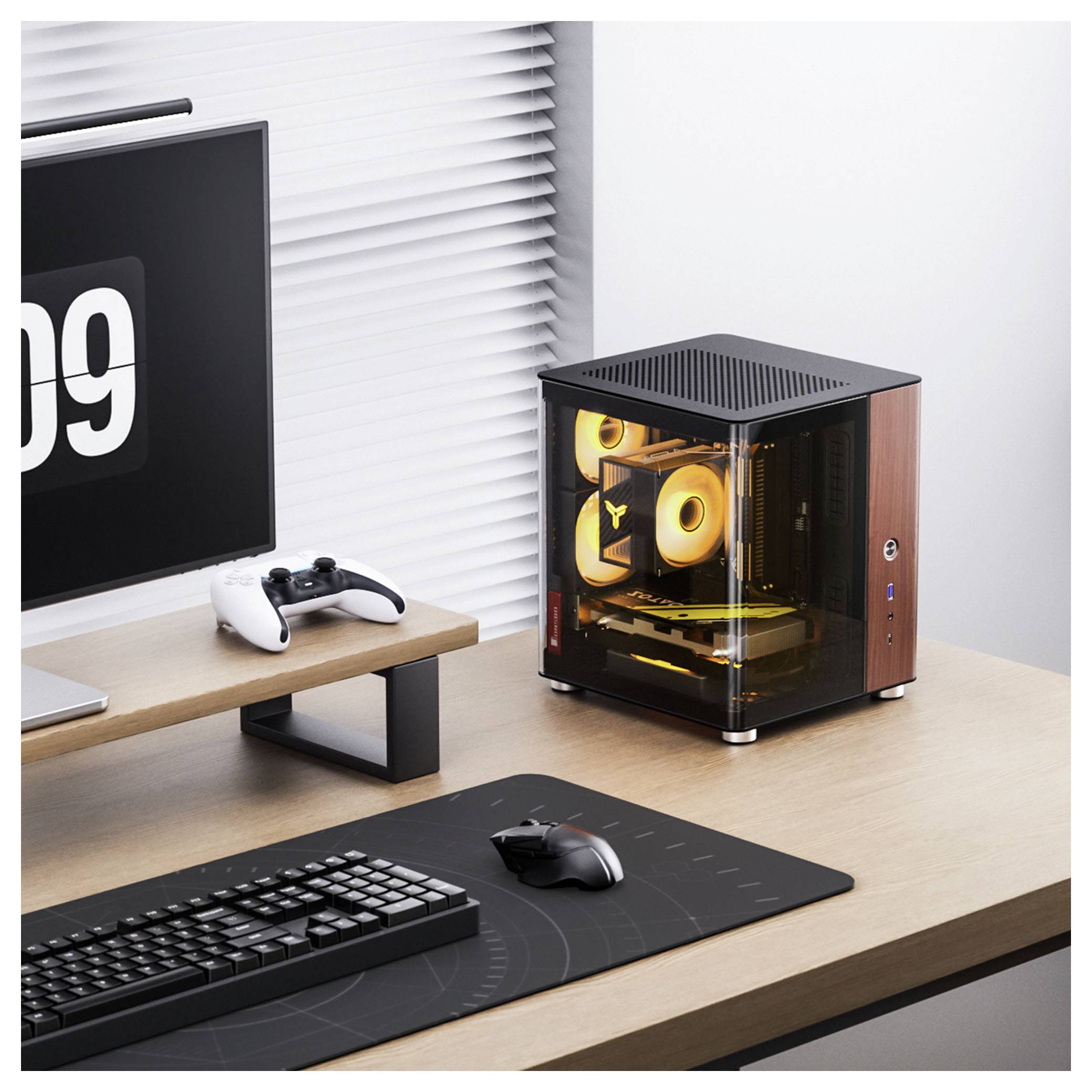 Een computeropstelling met een monitor waarop '09' wordt weergegeven, een mechanisch toetsenbord, muis, controller en een kleine desktop-pc met oplichtende componenten.