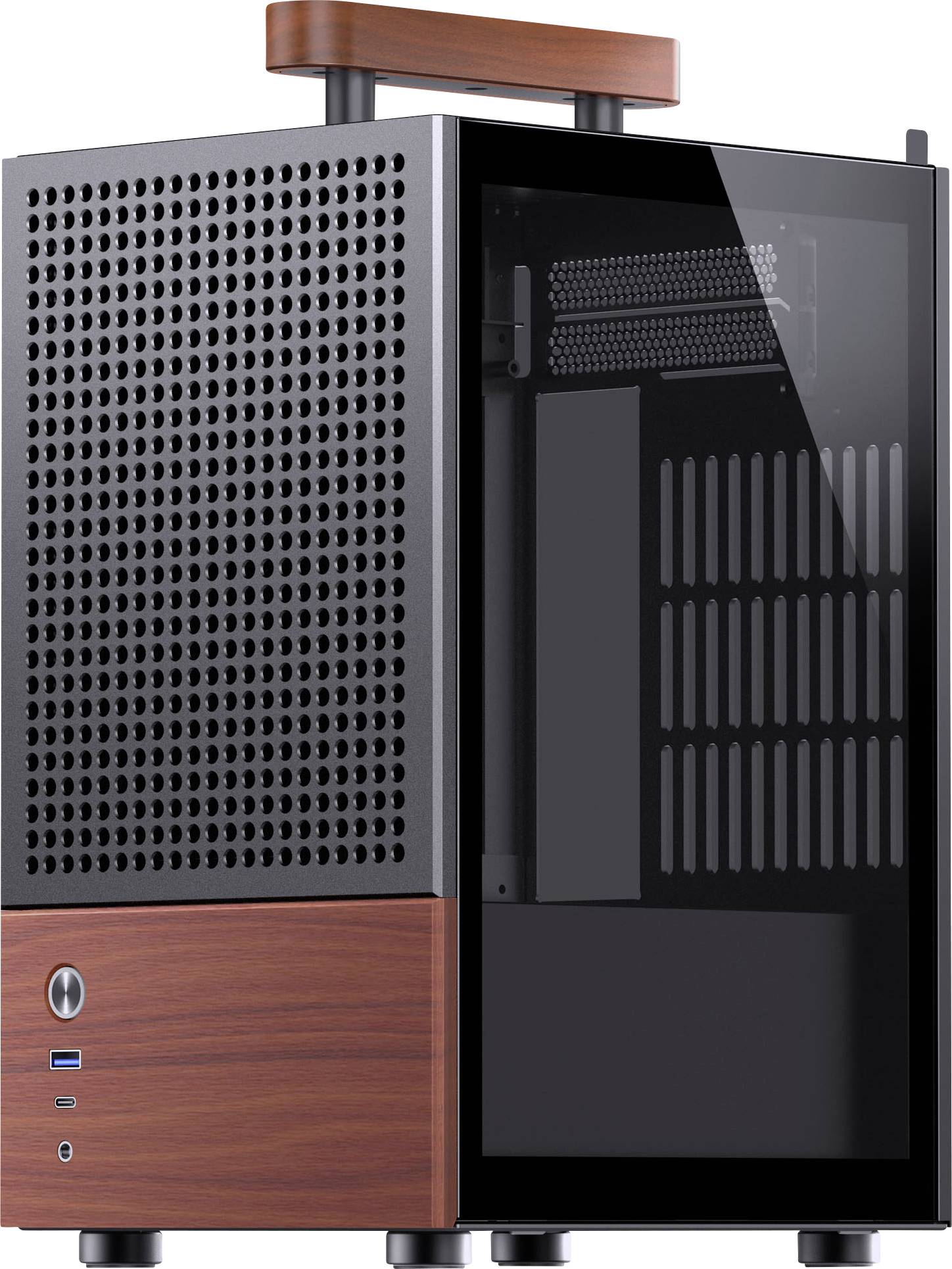 Een kleine, moderne computerbehuizing met een glazen zijpaneel, houten afwerking en een handvat. Het beschikt over ventilatieopeningen en een USB-poort in het onderste gedeelte.
