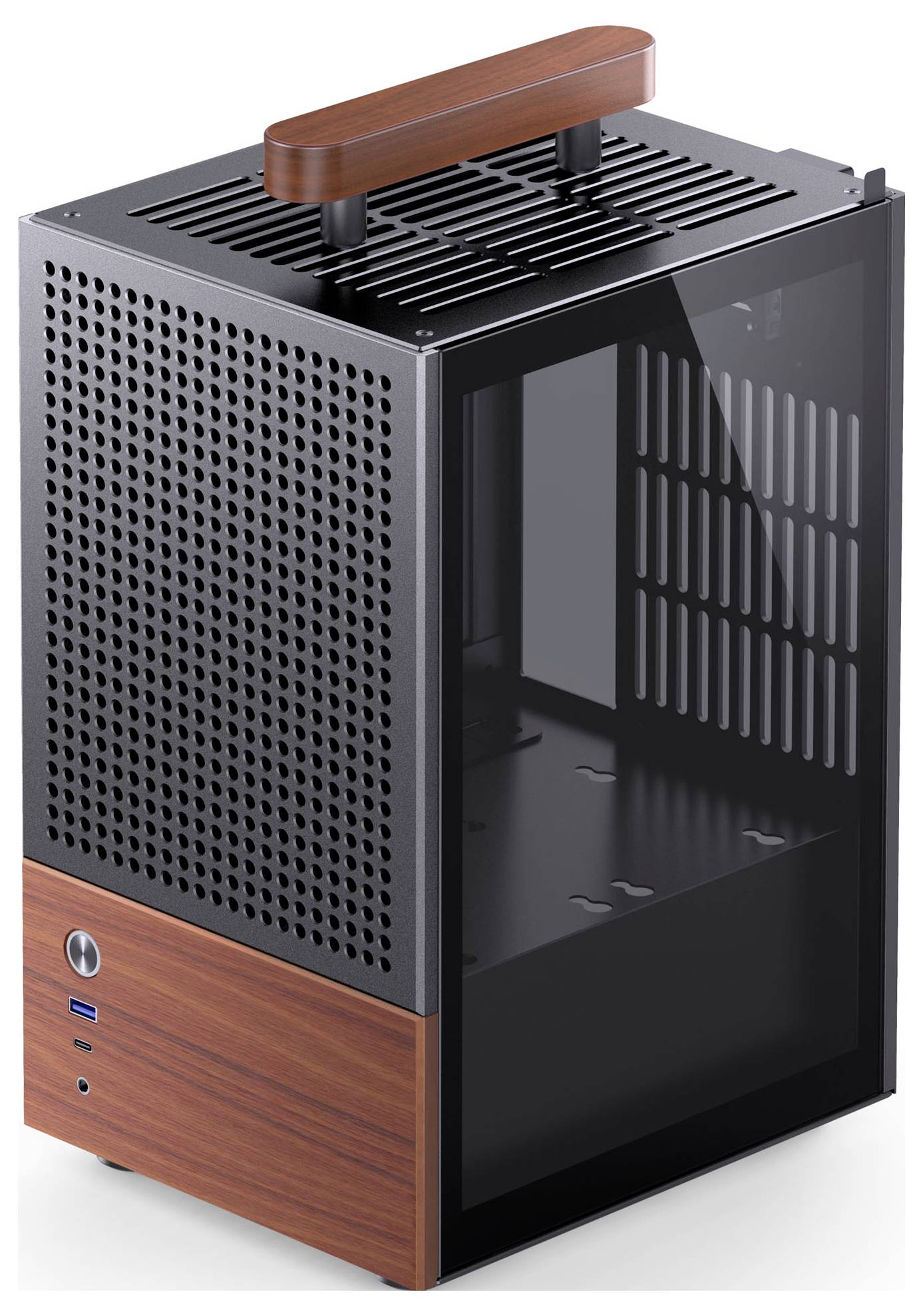 Een computerbehuizing met een houten basis, zwarte geperforeerde metalen zijkanten, een handgreep aan de bovenkant, en een transparant glazen paneel aan de rechterzijde.
