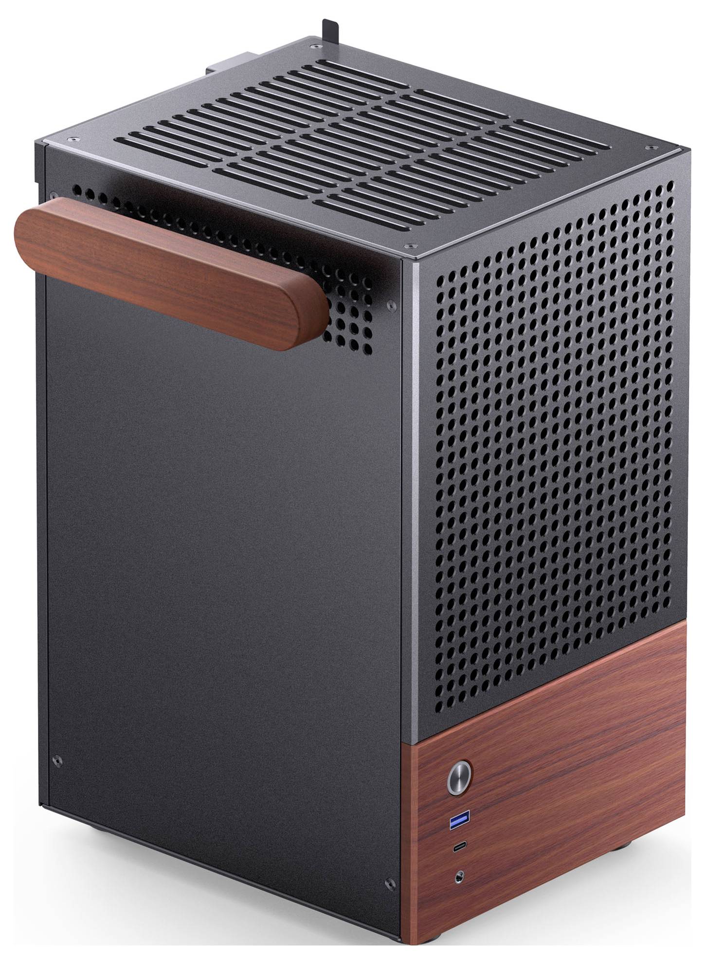 Een compacte computertoren met een geventileerde zwarte metalen behuizing, voorzien van een houten accenten handgreep en voet, met USB-poorten aan de voorkant.