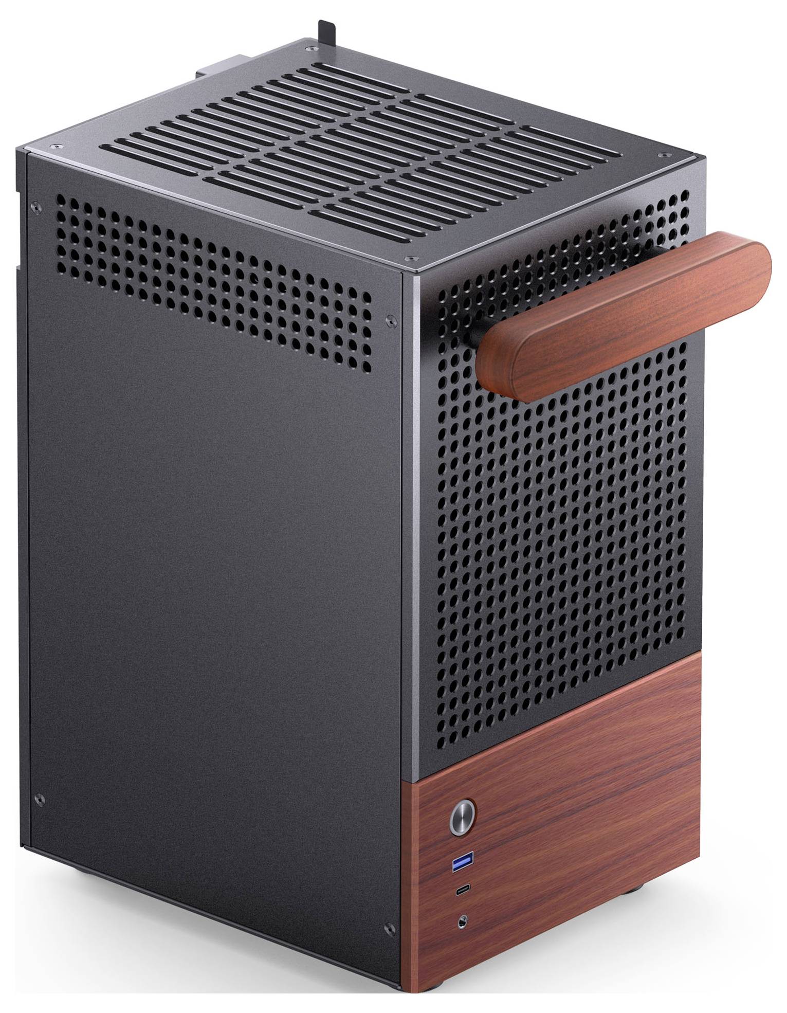 Een zwarte rechthoekige computerbehuizing met een houten voet en handgreep, voorzien van USB-poorten aan de voorkant en ventilatieopeningen aan de zijkanten.