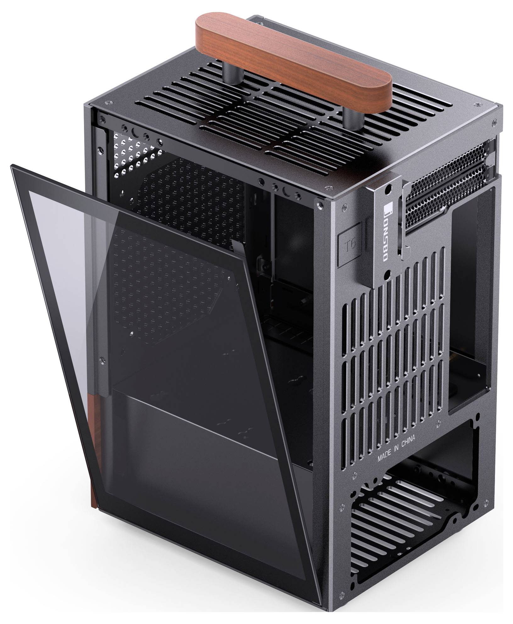 Een zwarte, open computerbehuizing met een houten handgreep bovenop, voorzien van een transparante zijpaneel-deur.