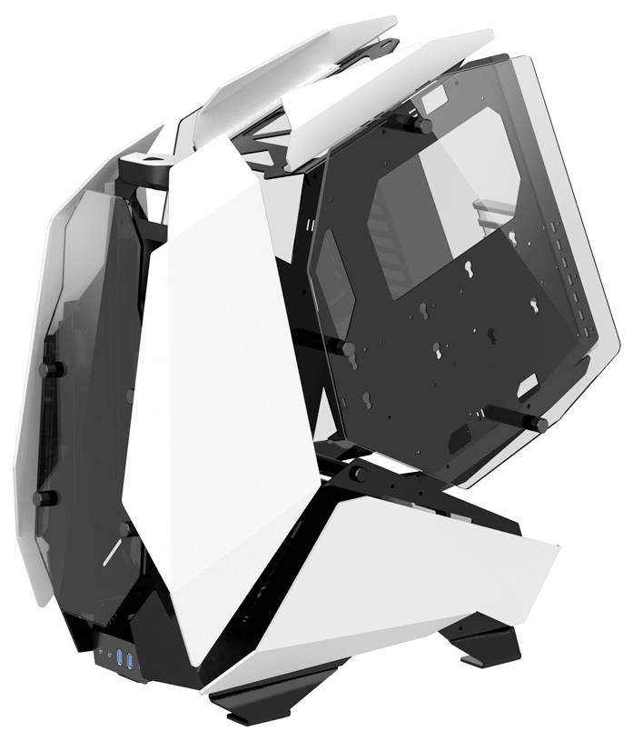 Een futuristische witte en zwarte computertoren met hoekige, geometrische vormgeving en transparante panelen, die een strak en modern uiterlijk vertoont.