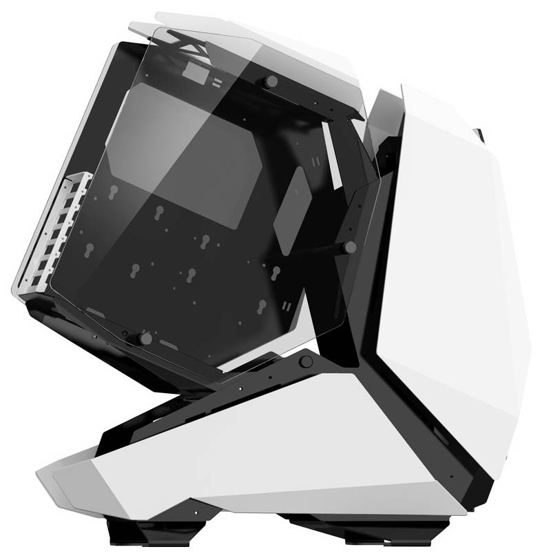 Een futuristische gamingstoel met een geïntegreerd scherm en een strak, hoekig ontwerp, die een high-tech, meeslepende ervaring benadrukt.
