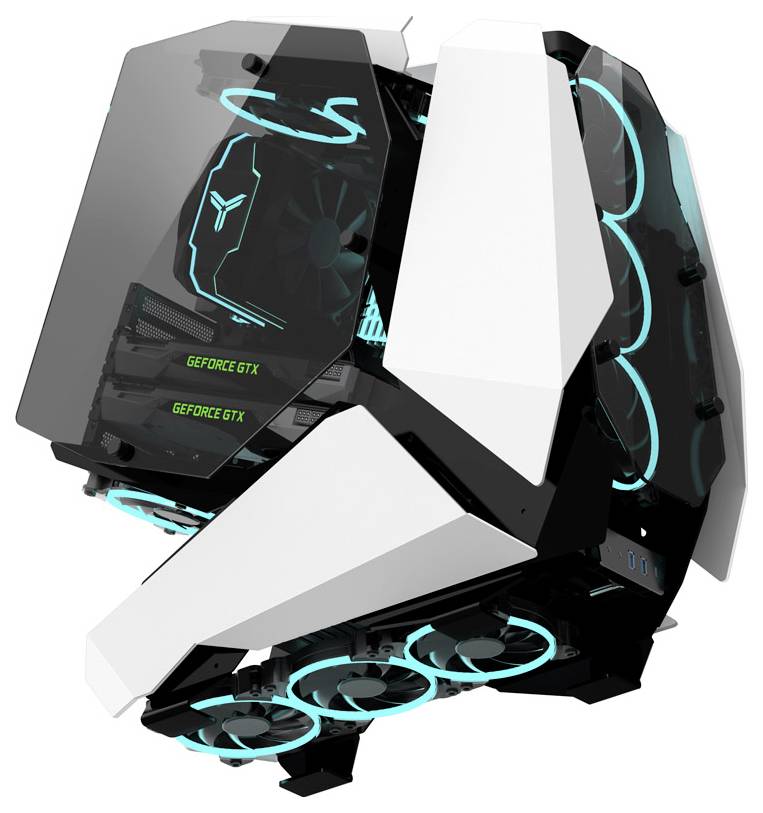 Een futuristische computerbehuizing met een uniek geometrisch ontwerp, uitgerust met LED-verlichte ventilators en componenten, met binnenin het label 'GEFORCE GTX'.