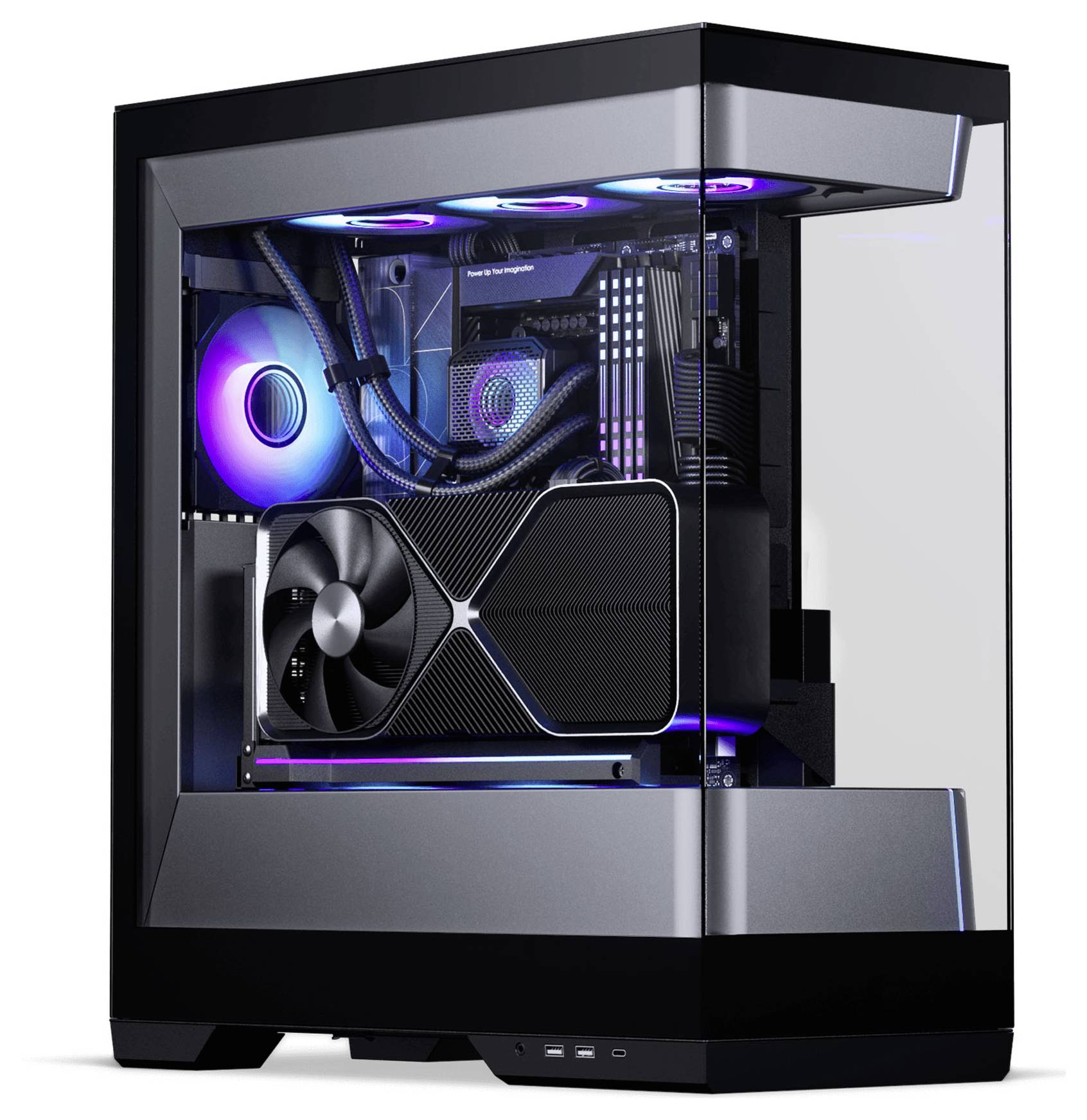Een strakke, moderne desktopcomputer met een transparant zijpaneel dat kleurrijke interne componenten en LED-verlichting onthult.