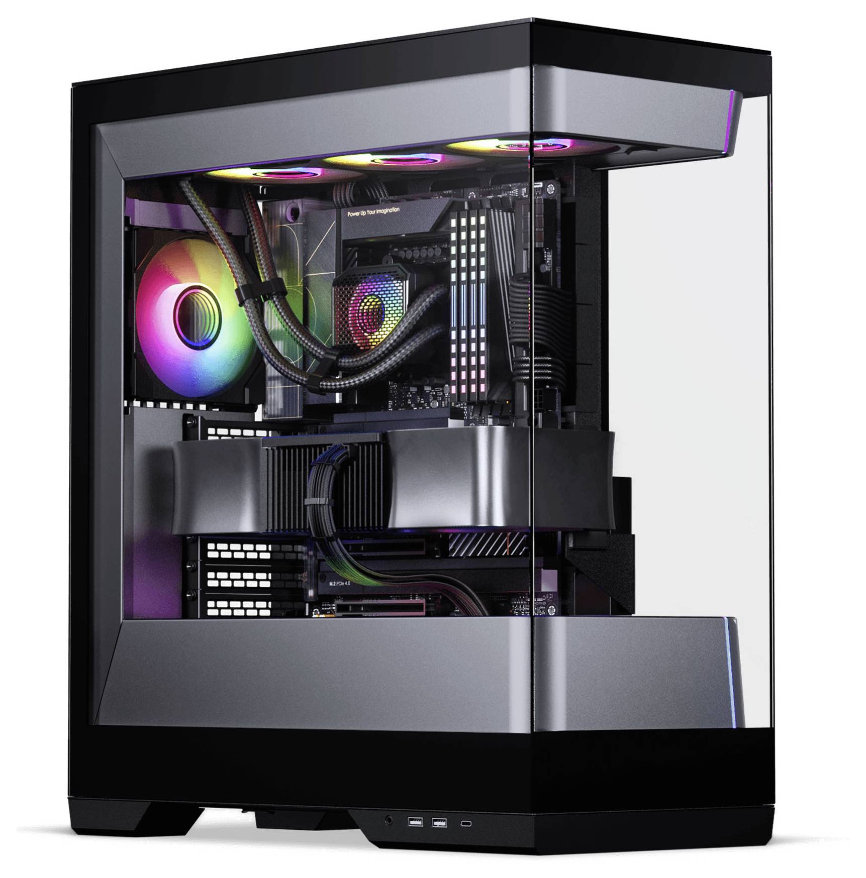 Een moderne gamingcomputer met een transparant zijpaneel dat de interne componenten toont, inclusief RGB-verlichting en een geavanceerd koelsysteem.