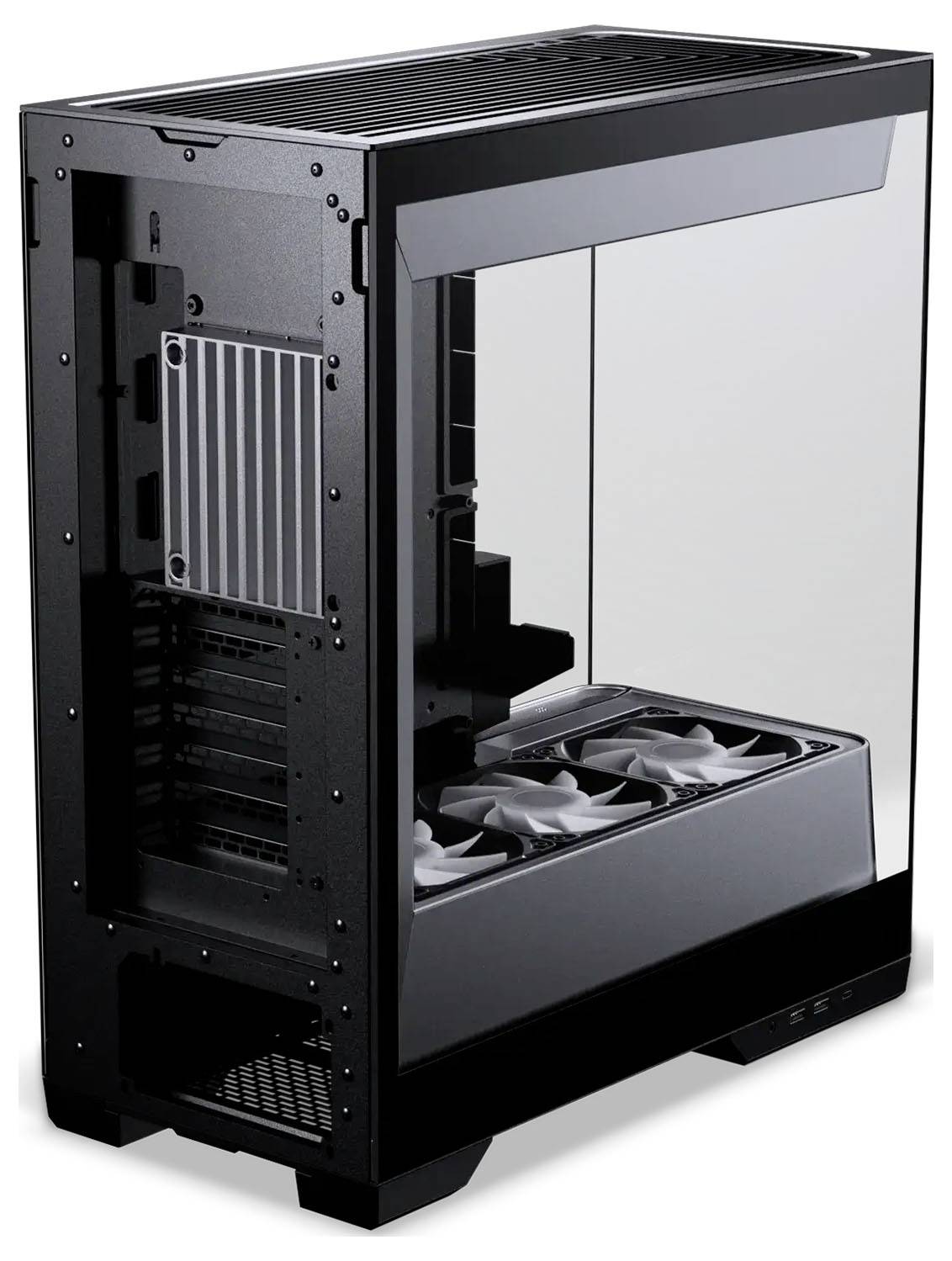 Een strakke, zwarte computerbehuizing met een glazen zijpaneel, dat ruimte onthult voor fans en componenten, ontworpen voor moderne, high-performance builds.