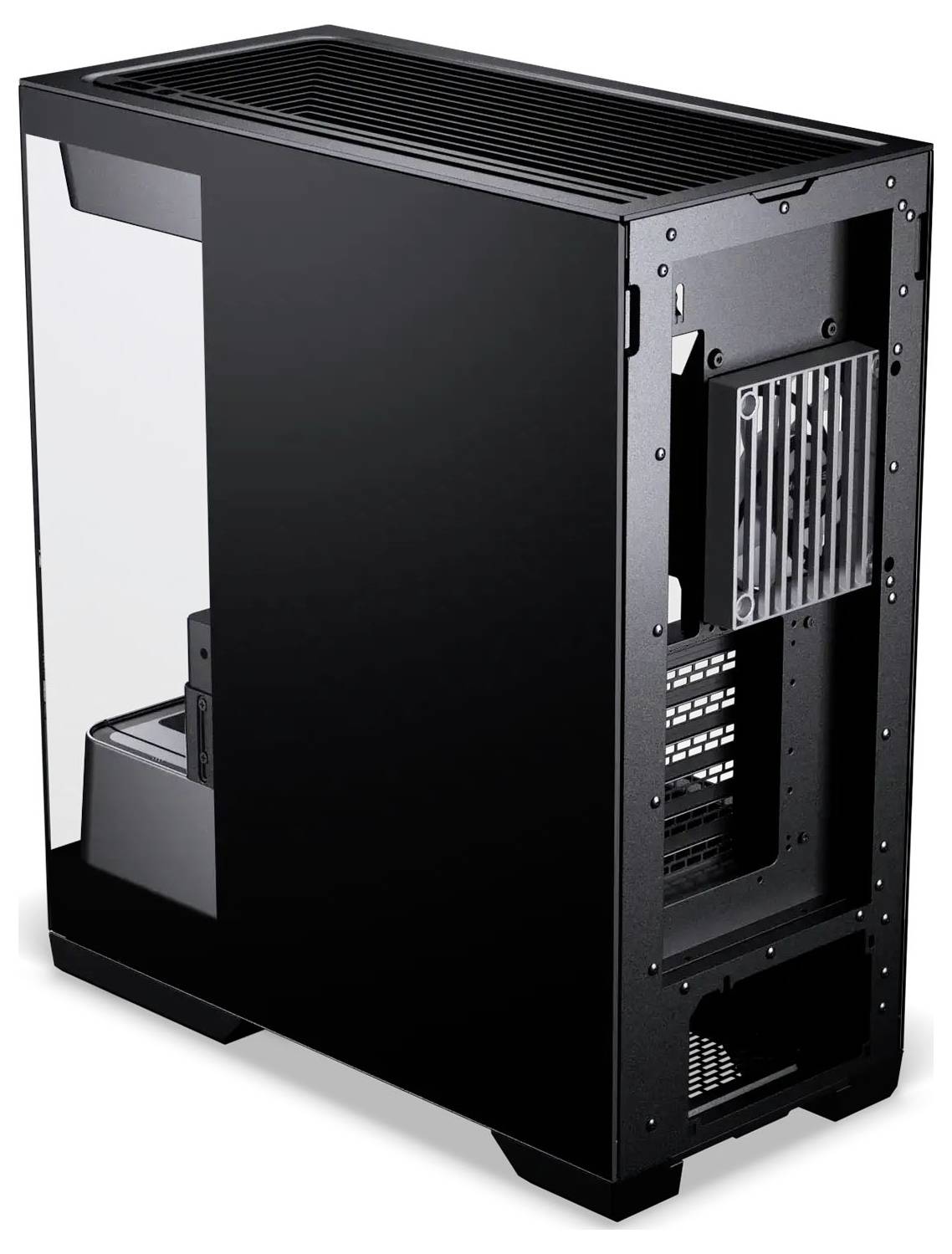 Een zwarte computerbehuizing met een zijraam, waarin verschillende montagesleuven en openingen voor componenten zichtbaar zijn, geschikt voor het bouwen van een PC.