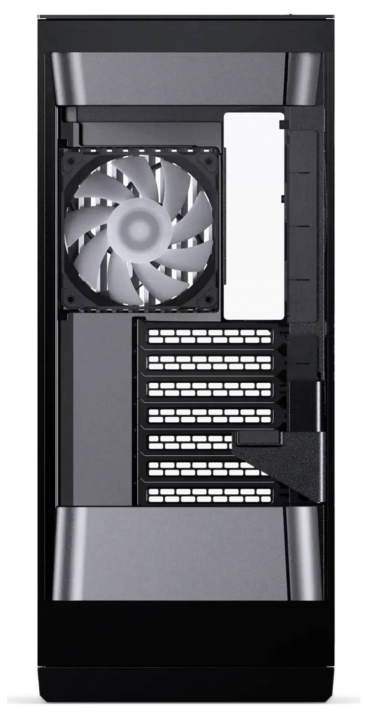 Achteraanzicht van een computerkast met een grote koelventilator, meerdere uitbreidingssleuven en verluchtingsroosters voor luchtstroombeheersing.