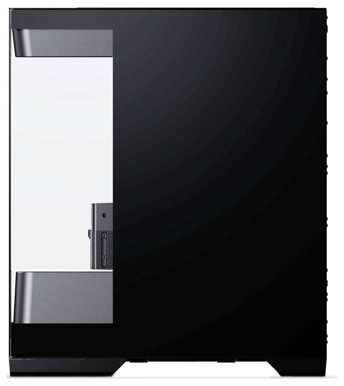 Een strak, zwart computerbehuizing met een groot transparant zijpaneel dat de interne componenten onthult. Minimalistisch design, rechtop staand.