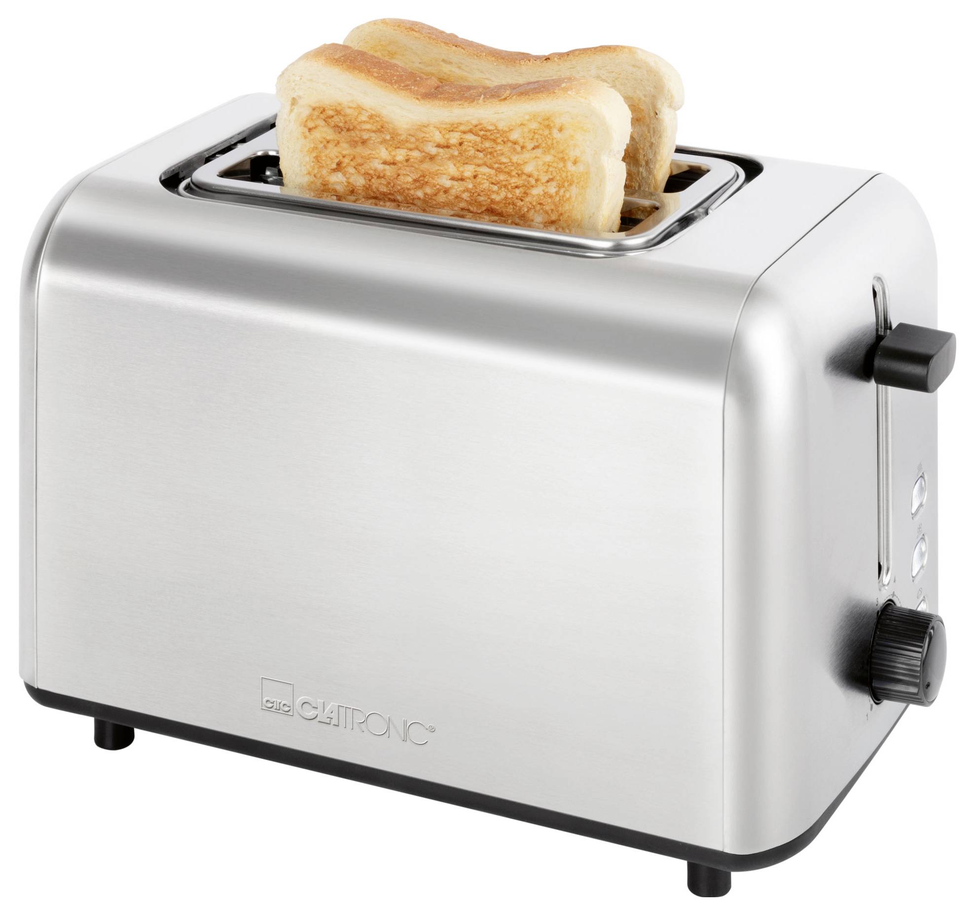 Een zilveren broodrooster met twee plakken goudbruine toast die omhoog komen, tegen een egale achtergrond.