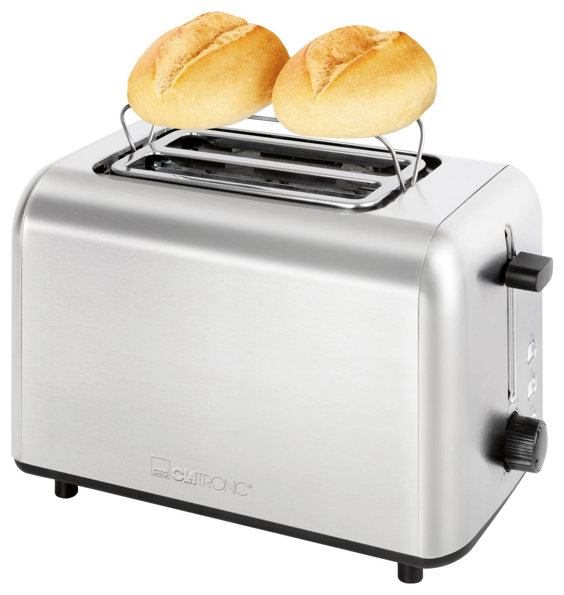 Een zilveren broodrooster met twee gouden broodjes rustend op een bijbehorend rek, wat de verwarmingsfunctie ervan illustreert.