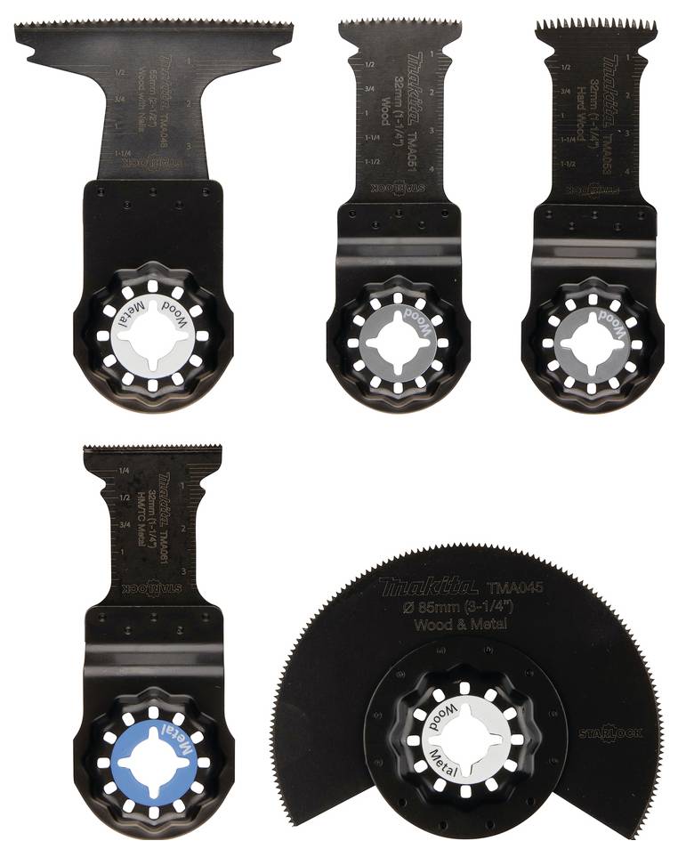 Vijf verschillende precisie-bladen voor oscillerende multi-tools, gerangschikt in twee rijen. Elk blad verschilt in vorm en tandontwerp.