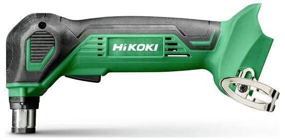 'HiKOKI' groene en zwarte draadloze haakse boormachine getoond van opzij, met nadruk op zijn compacte ontwerp en ergonomische handgreep.